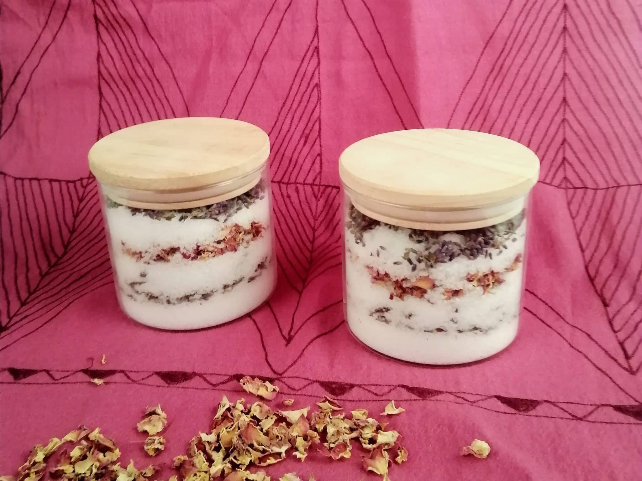 Jar of Epsom salts infused with Lavender and Rose